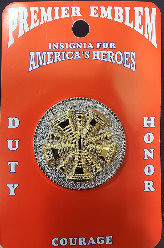 1 5/8" 5 Crossed Bugles  Gold on Silver Hat Badge